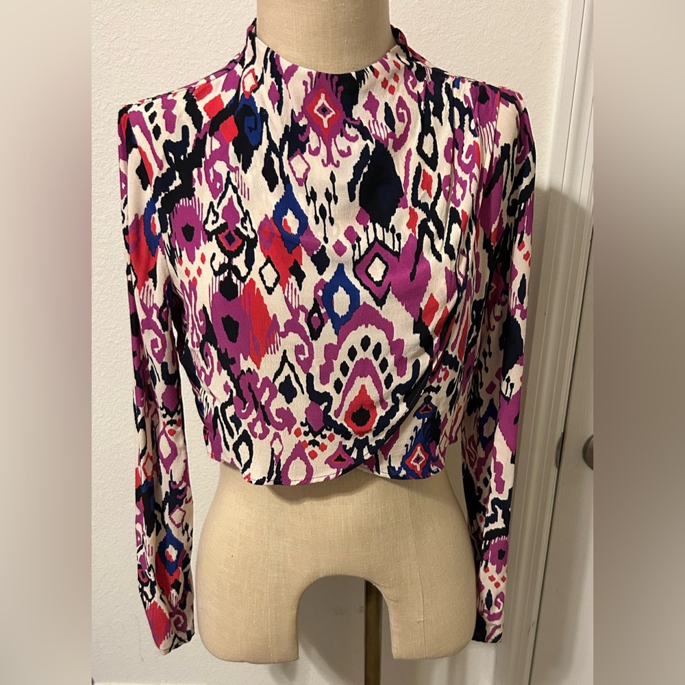 Zara Long Sleeves High Neck Cropped Faux Wrap Zippered Top Size M Artsy